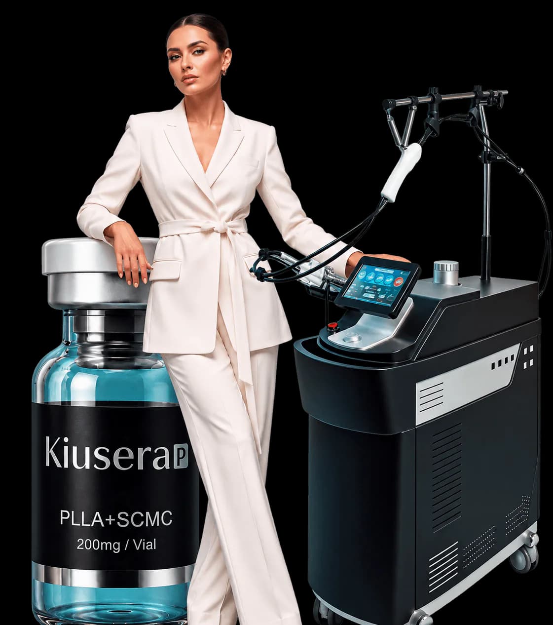 A model in a cream suit leaning on an oversized Kiusera PLLA vial, beside a clinic laser system.