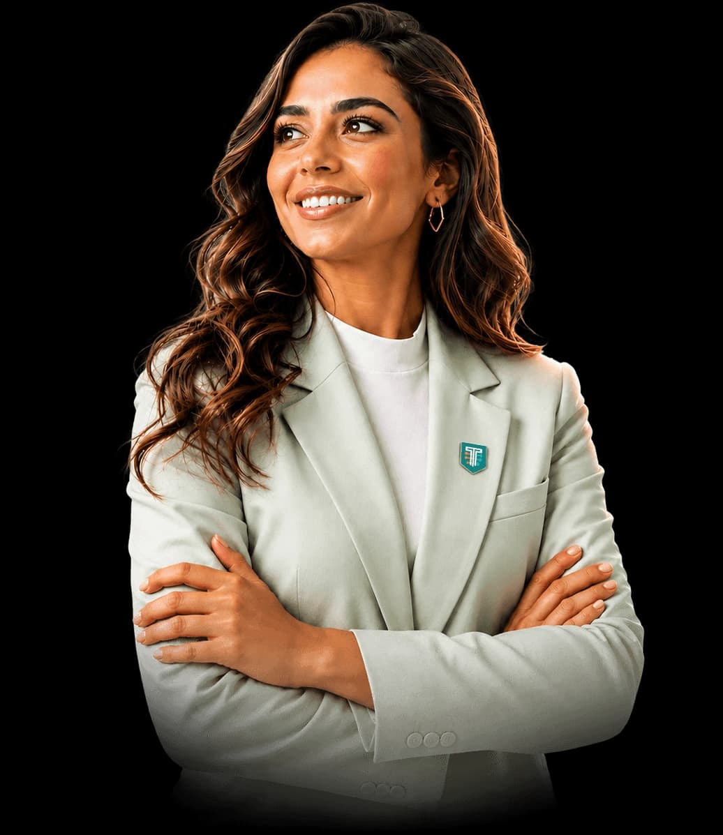 A TribuCare team member in a pale blazer, arms folded, wearing the shield mark as a lapel pin.