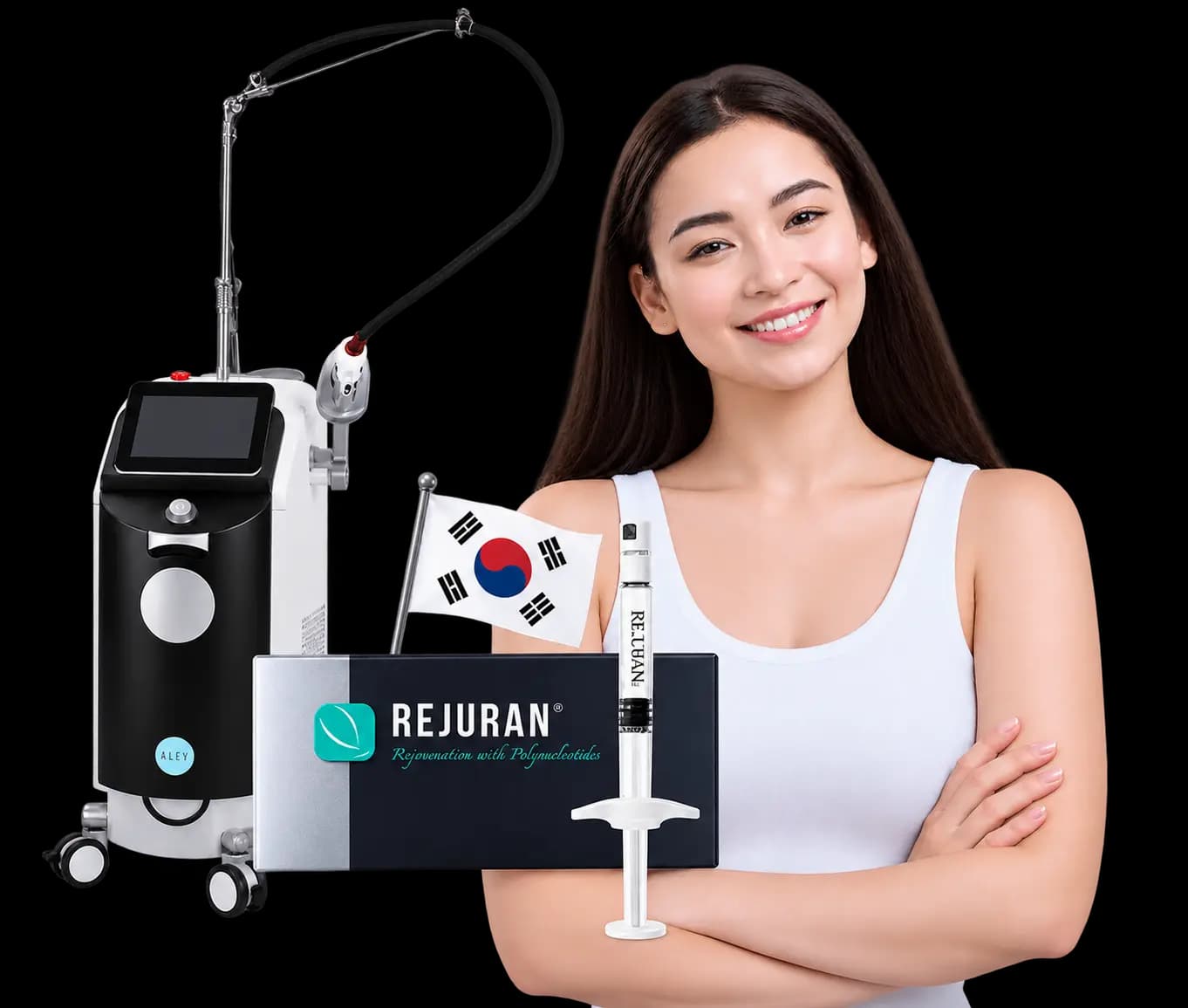 A clinic laser system alongside a Rejuran polynucleotide box and syringe, with a South Korean flag and a smiling model.