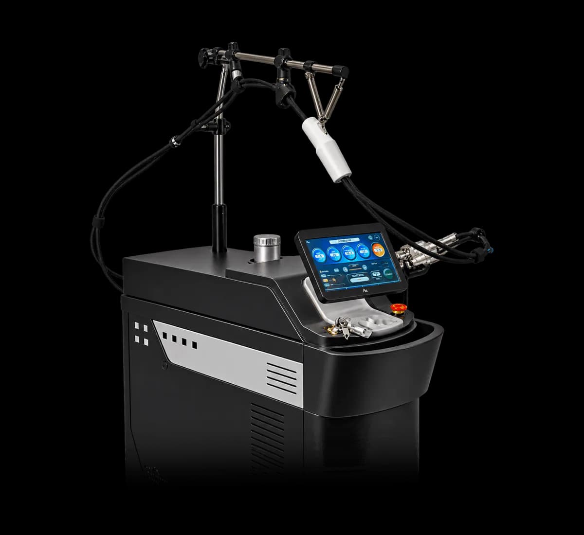 The AMI REX-AN DUAL laser system. A Rejuran Healing Essence carton between two syringes. A Kiusera P vial beside its carton.