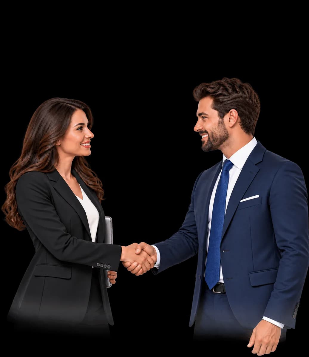 شخصان بملابس رسمية يتصافحان، وأحدهما يحمل حاسوبًا محمولًا.
