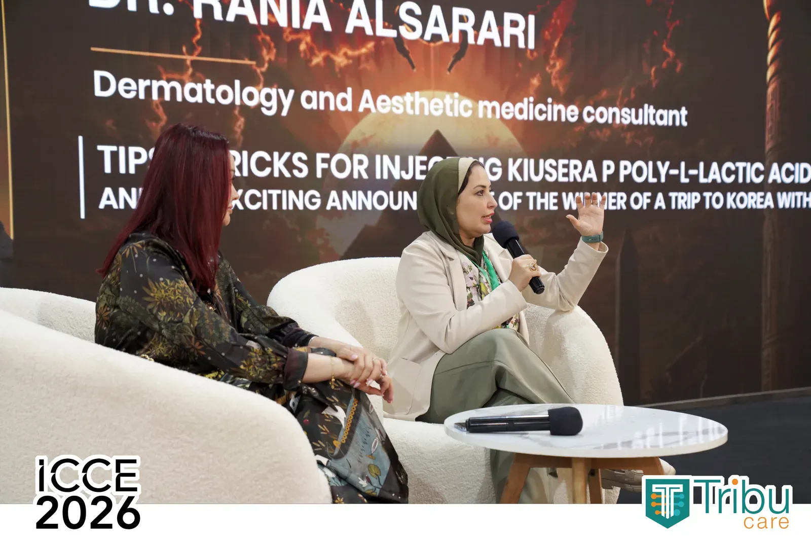 Dr. Rania Al-Sarrari leading TribuCare's session on KIUSERA P Poly-L-Lactic Acid at ICCE 2026