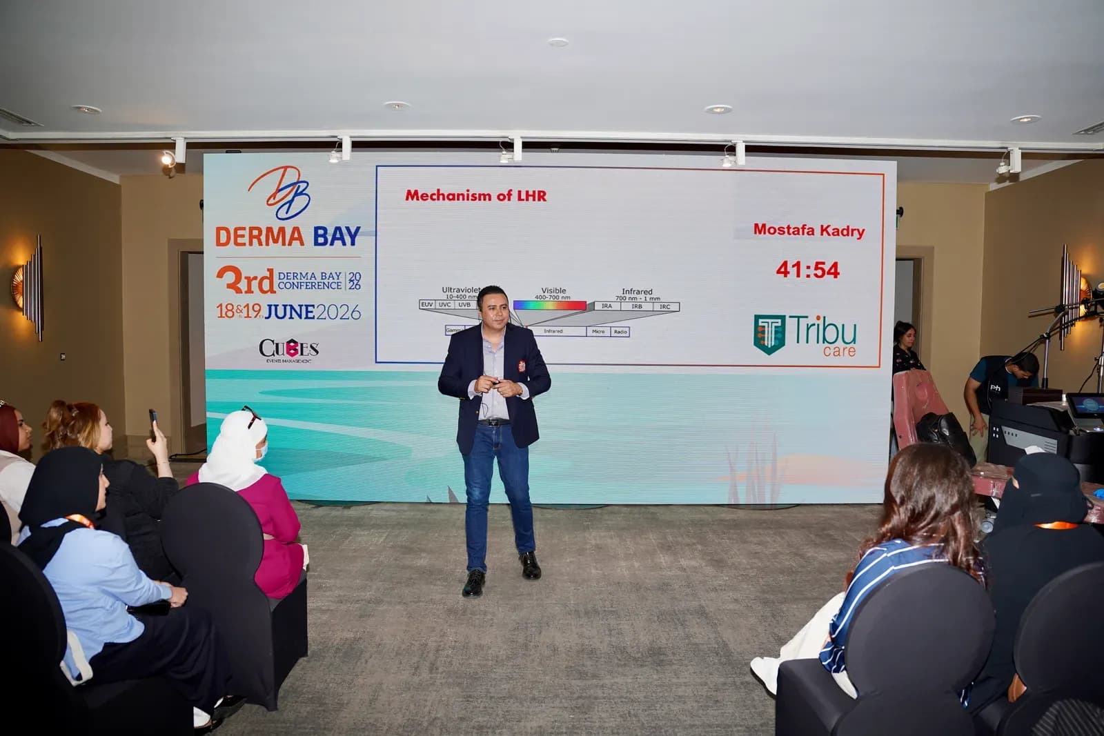 Dr. Mostafa Kadry presenting the REX-AN DUAL laser at TribuCare's workshop, Derma Bay 2026